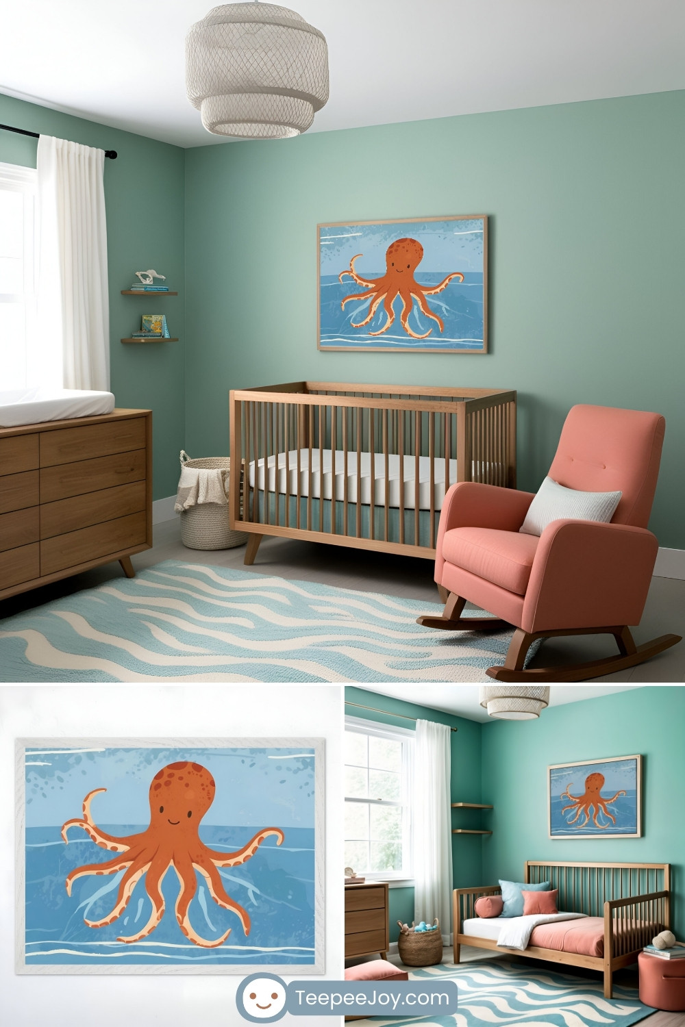 Cheerful ocean-themed nursery with soft green walls, a natural wood crib, a coral pink rocking chair, and a wave-patterned rug. A playful artwork of a smiling orange octopus floating in the ocean hangs above the crib. A close-up highlights the octopus illustration, with a matching bedroom featuring a wooden bed, coral and blue accents, and nautical decor.