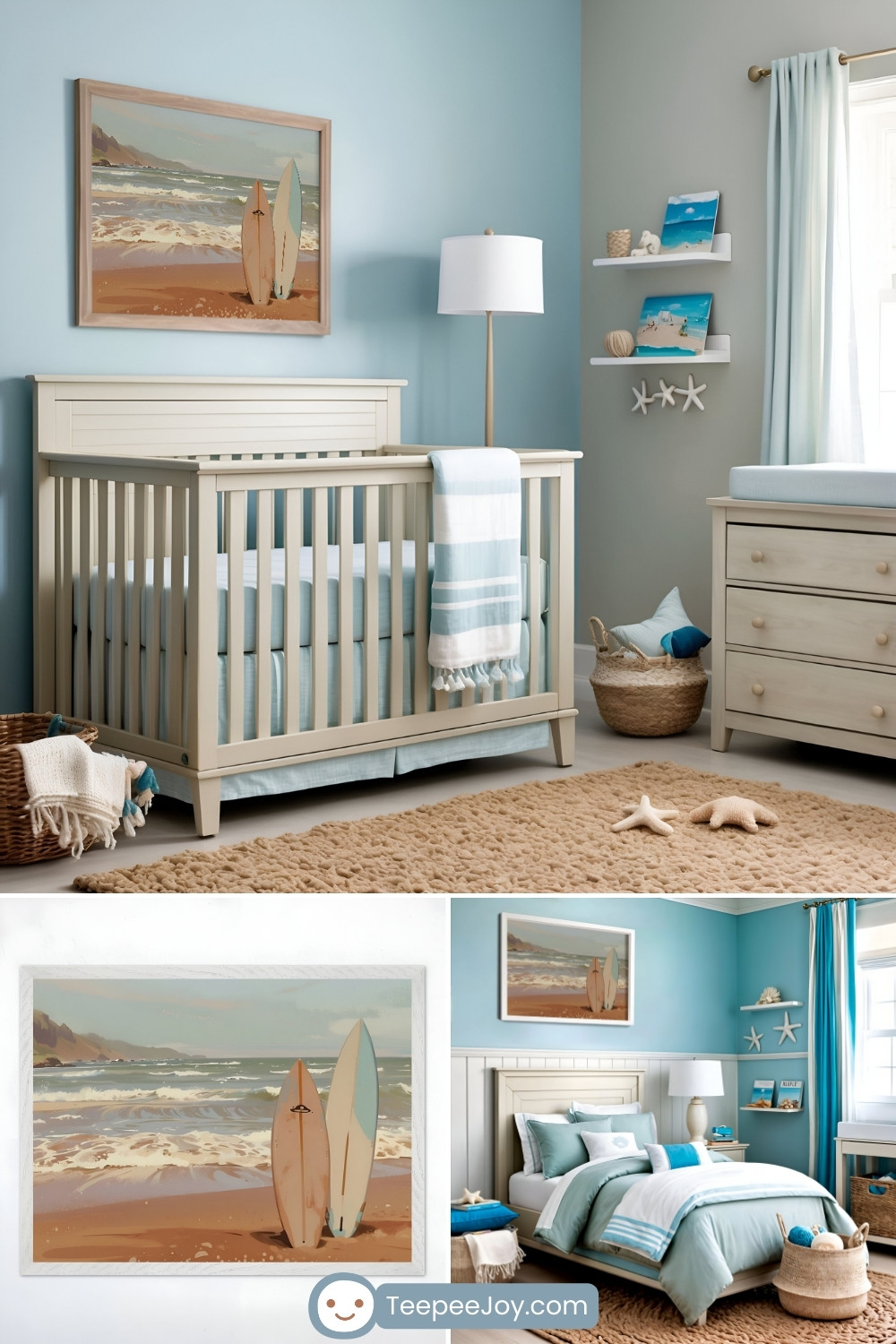 Beach-themed nursery with soft blue walls, a white crib with light blue bedding, and a beige textured rug. A framed artwork of two surfboards standing upright on the sand with waves in the background hangs above the crib. A close-up highlights the surfboard painting, with a matching bedroom featuring a coastal bed, ocean-inspired decor, and soft blue and neutral tones.