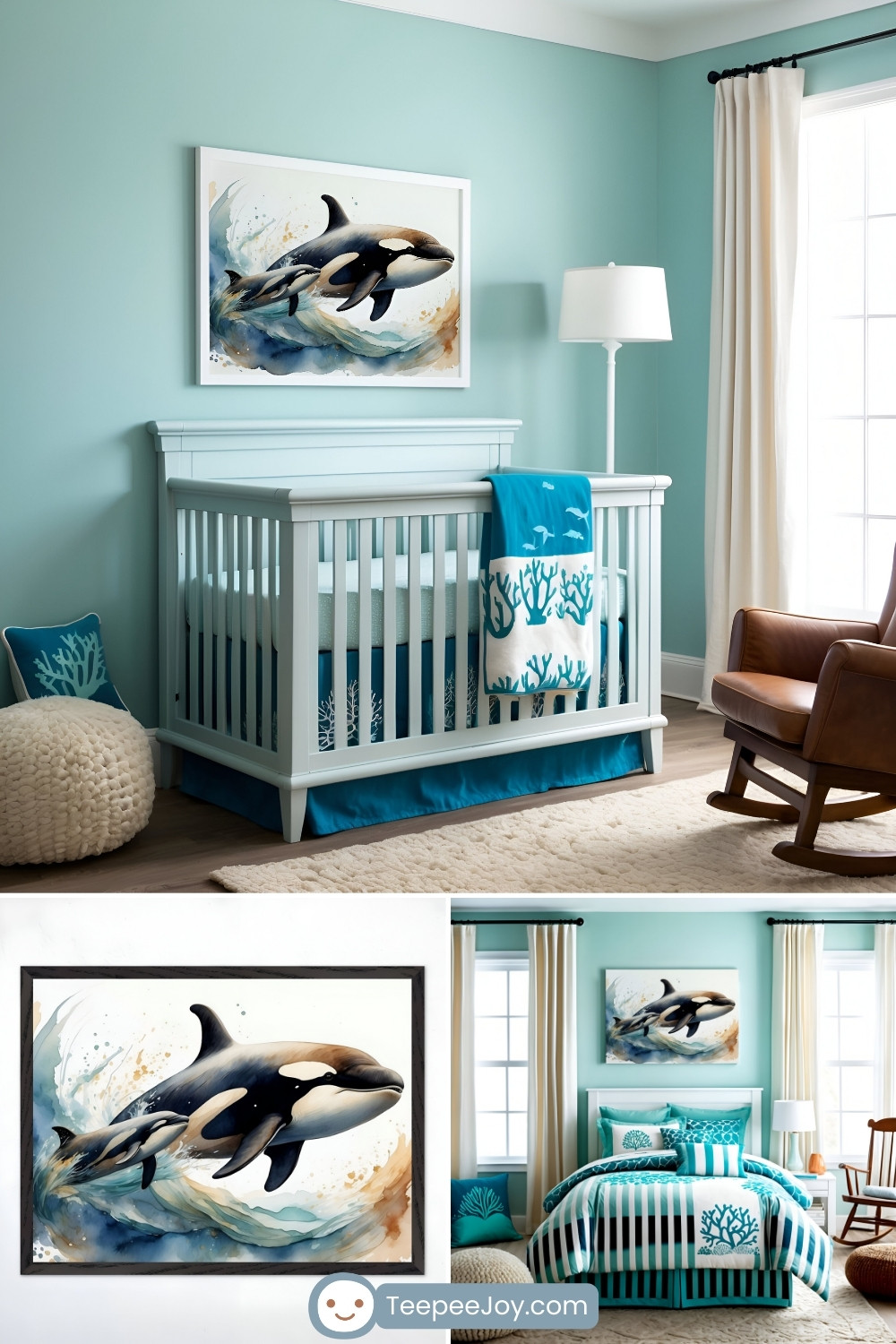 Ocean-themed nursery with light aqua walls, a white crib with teal and coral-patterned bedding, and a brown leather rocking chair. A striking artwork of two orcas swimming through waves hangs above the crib. A close-up highlights the orca illustration, with a matching bedroom featuring a white bed, teal and striped bedding, and coastal decor.
