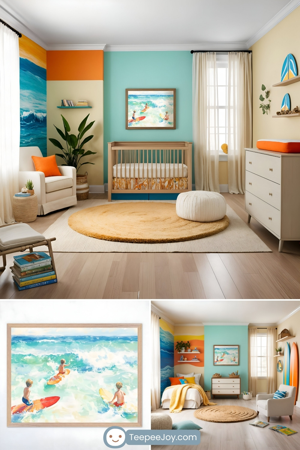 Surf-inspired nursery with a natural wood crib, teal and orange walls, a wave mural, and surfboard wall decor. The room features a white armchair with an orange pillow, a round jute rug, and a beach painting of three children surfing. A close-up of the painting shows kids paddling on colorful surfboards in vibrant ocean waves.