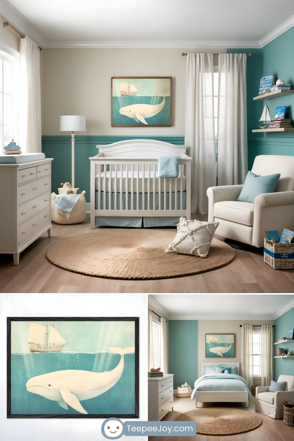 Serene ocean-themed nursery with a white crib, teal accent walls, a round jute rug, and a cozy armchair with a blue pillow. A framed artwork of a white whale swimming beneath a sailing ship hangs above the crib. A close-up of the artwork highlights the whale in calm blue waters, with a matching bedroom featuring a bed and nautical decor shown in the final image.