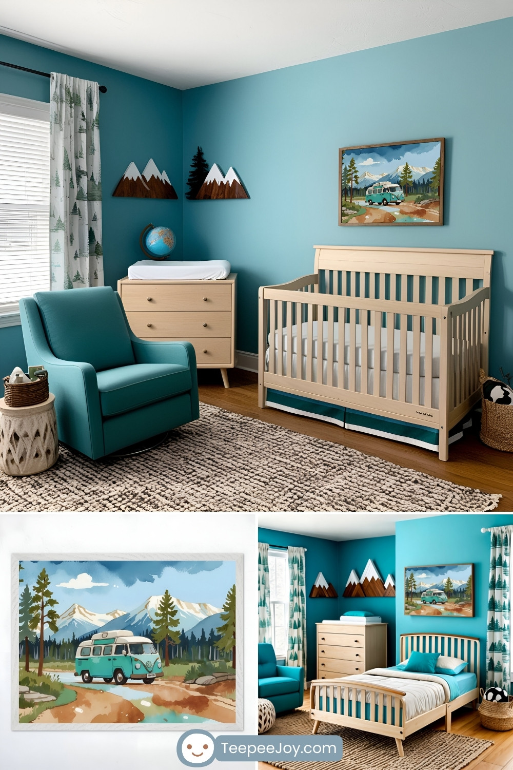 Mountain-themed nursery featuring a natural wood crib and matching dresser against teal blue walls. A cozy teal armchair sits beside a textured rug, and a framed painting of a vintage blue van in a forest setting hangs above the crib. The room is decorated with wooden mountain wall art, tree-patterned curtains, and a globe on the dresser, creating an adventurous, outdoorsy feel.