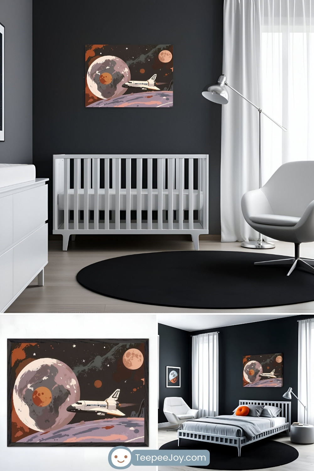 Modern nursery and bedroom featuring a space-themed wall art print depicting a space shuttle flying near a large cratered moon against a starry background. The nursery has a sleek black, white, and gray color palette with a white crib, minimalist furniture, and a black accent wall. The bedroom features a similar aesthetic with a matching bed, an armchair, and the same space-themed artwork above the bed, creating a cohesive celestial design.