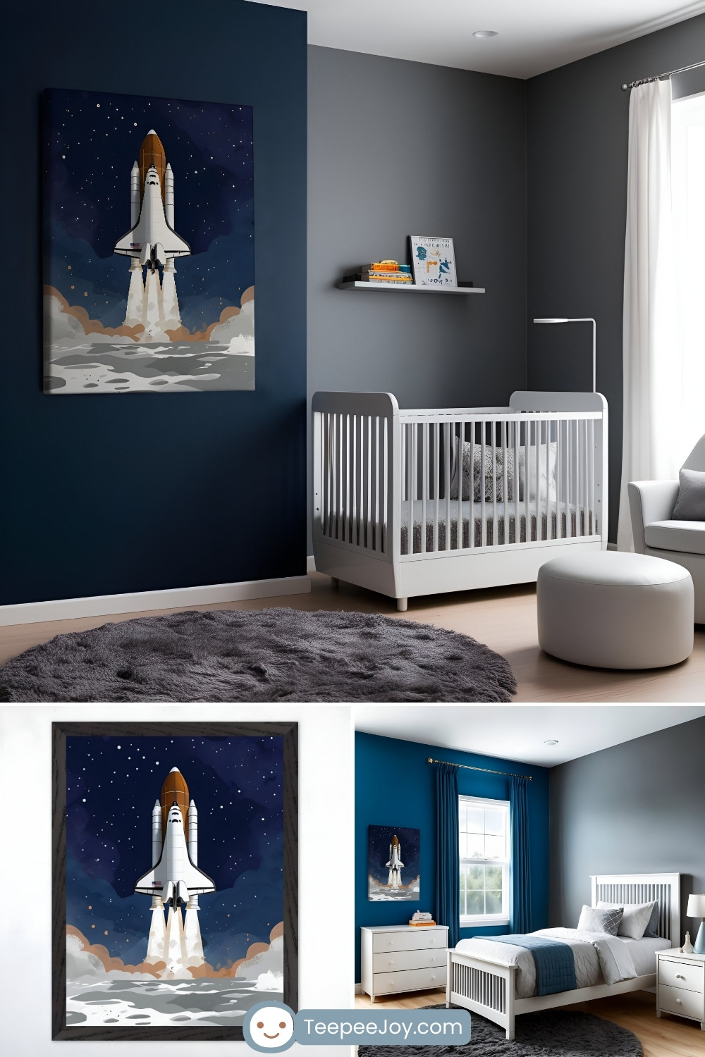 Space-themed nursery and bedroom featuring a large wall art print of a space shuttle launching into a starry night sky with clouds of smoke below. The nursery has a dark blue accent wall, a white crib, a cozy gray rug, and a modern armchair, creating a sleek and calming atmosphere. The bedroom carries the space theme forward with matching deep blue walls, a white bed with gray and blue bedding, and the same rocket launch artwork, adding an adventurous touch to the design.