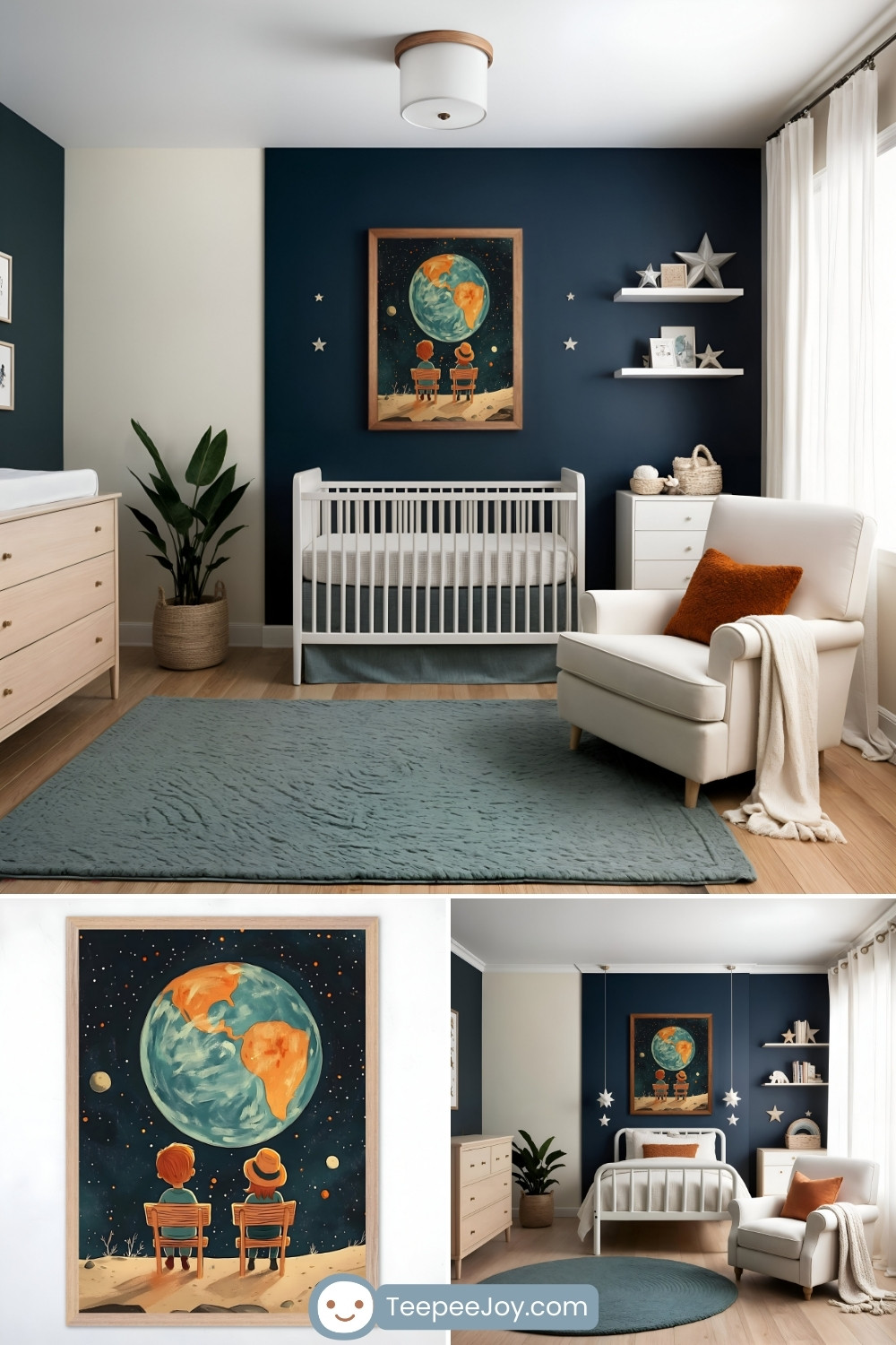 Cozy space-themed nursery and bedroom featuring a framed wall art print of two children sitting on chairs, gazing at Earth from a distant planet under a starry sky. The nursery has a deep blue accent wall, a white crib, wooden furniture, and celestial decor, including small star decorations around the artwork. The bedroom carries the same theme with a white bed, a soft round rug, warm-toned pillows, and a serene ambiance that blends space exploration with a dreamy, nostalgic feel.