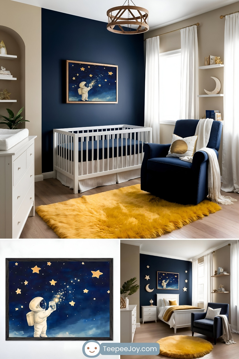 Celestial-themed nursery and bedroom featuring a framed wall art print of a small astronaut holding a jar filled with glowing stars against a deep blue night sky. The nursery has a navy blue accent wall, a white crib, a plush navy armchair, and a soft golden-yellow faux fur rug, creating a cozy yet adventurous atmosphere. The bedroom mirrors this theme with a white bed, matching navy and gold decor, and wall-mounted stars and a crescent moon, bringing a dreamy, whimsical space aesthetic to life.