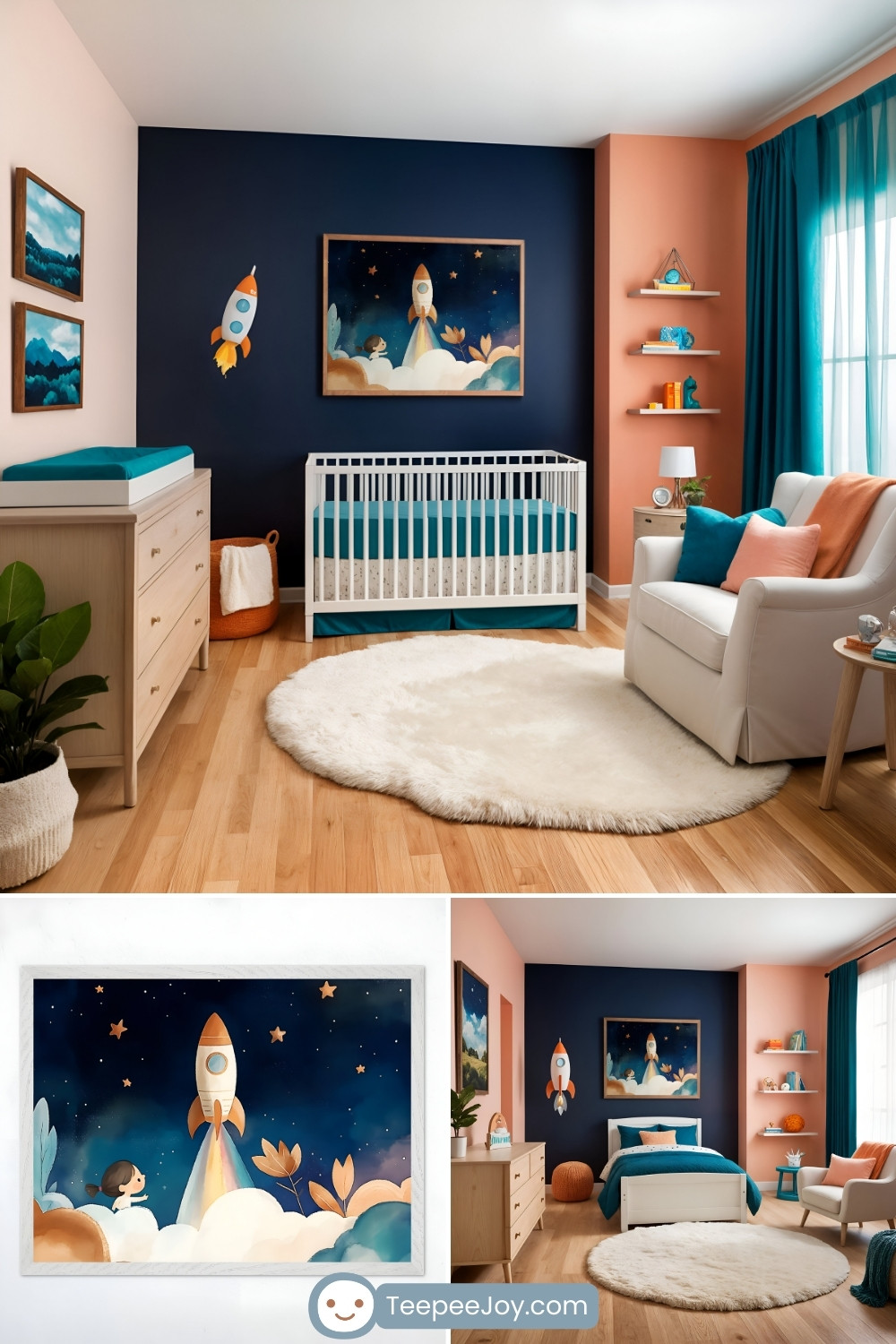 Vibrant space-themed nursery and bedroom featuring a framed wall art print of a rocket launching into a starry sky, with a small child watching from below. The nursery has a navy blue accent wall, a white crib with teal bedding, a cozy white faux fur rug, and coral and teal accents that add warmth and contrast. The bedroom continues the theme with a matching bed, playful wall decals of rockets, floating shelves with space-inspired decor, and a mix of soft and bold colors creating a dreamy, adventurous atmosphere.