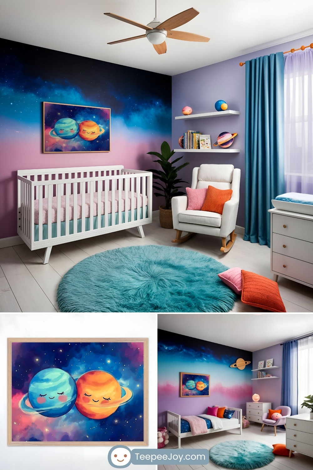 Whimsical space-themed nursery and bedroom featuring a framed wall art print of two smiling planets with rings, floating in a colorful cosmic sky. The nursery has a gradient galaxy mural transitioning from deep blue to soft pink, a white crib with pastel bedding, a fluffy turquoise rug, and playful planet-themed decor on floating shelves. The bedroom extends the theme with a matching cosmic mural, a white toddler bed with vibrant pillows, and celestial decorations, creating a dreamy and imaginative space for a child.