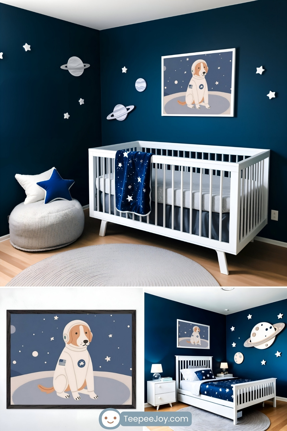 Space-themed nursery with deep blue walls decorated with white stars and planet decals. A white crib sits against the wall, with a navy blue star-patterned blanket draped over the side. Above the crib hangs an illustration of a dog in an astronaut suit sitting on the moon, matching the space theme. A cozy reading nook with a white pouf and a star-shaped pillow is nearby. The bottom images show a close-up of the astronaut dog artwork and an alternate view of a space-themed bedroom with a matching bed and wall decor.