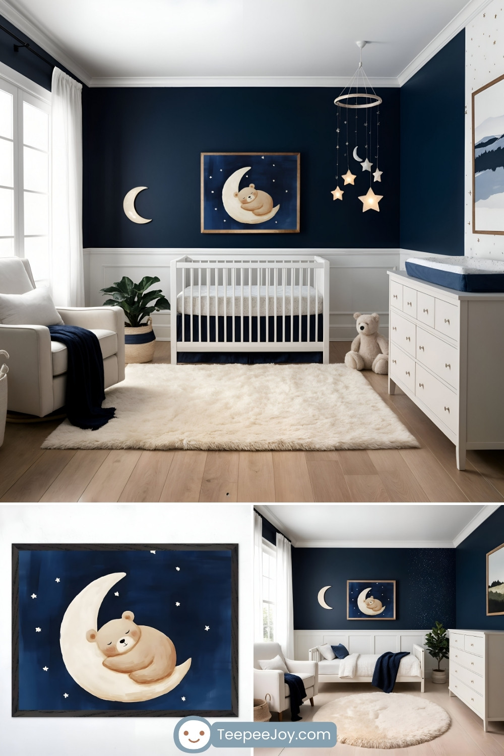 Dreamy celestial-themed nursery and bedroom featuring a framed wall art print of a cuddly bear sleeping on a crescent moon against a deep navy starry sky. The nursery has a dark blue accent wall, a white crib with matching bedding, a soft ivory rug, and charming decor, including a moon wall accent and a hanging mobile with glowing stars. The bedroom carries the same serene theme with a white toddler bed, cozy textiles, and soft lighting, creating a peaceful and soothing space for a child.