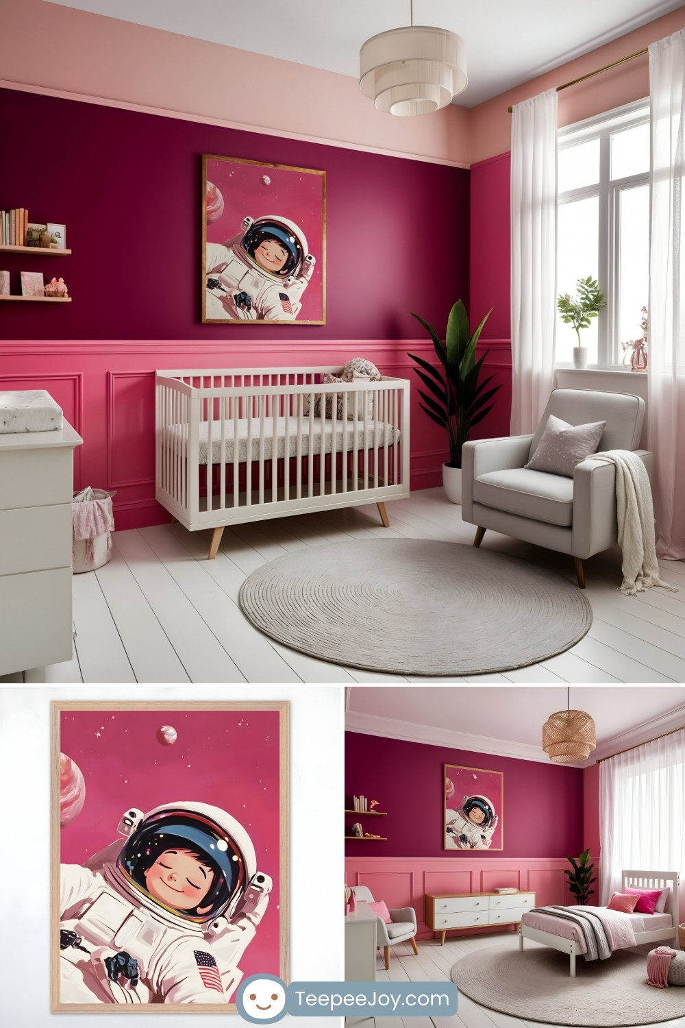 Vibrant space-themed nursery and bedroom featuring a framed wall art print of a smiling young astronaut floating in space against a pink cosmic background with planets. The nursery has a bold magenta and blush pink accent wall, a white crib with soft neutral bedding, and elegant décor, including a plush gray rug and a cozy armchair by the window. The bedroom continues the celestial theme with a matching pink color scheme, a white toddler bed with blush-toned bedding, and space-inspired accents, creating a fun yet sophisticated atmosphere.