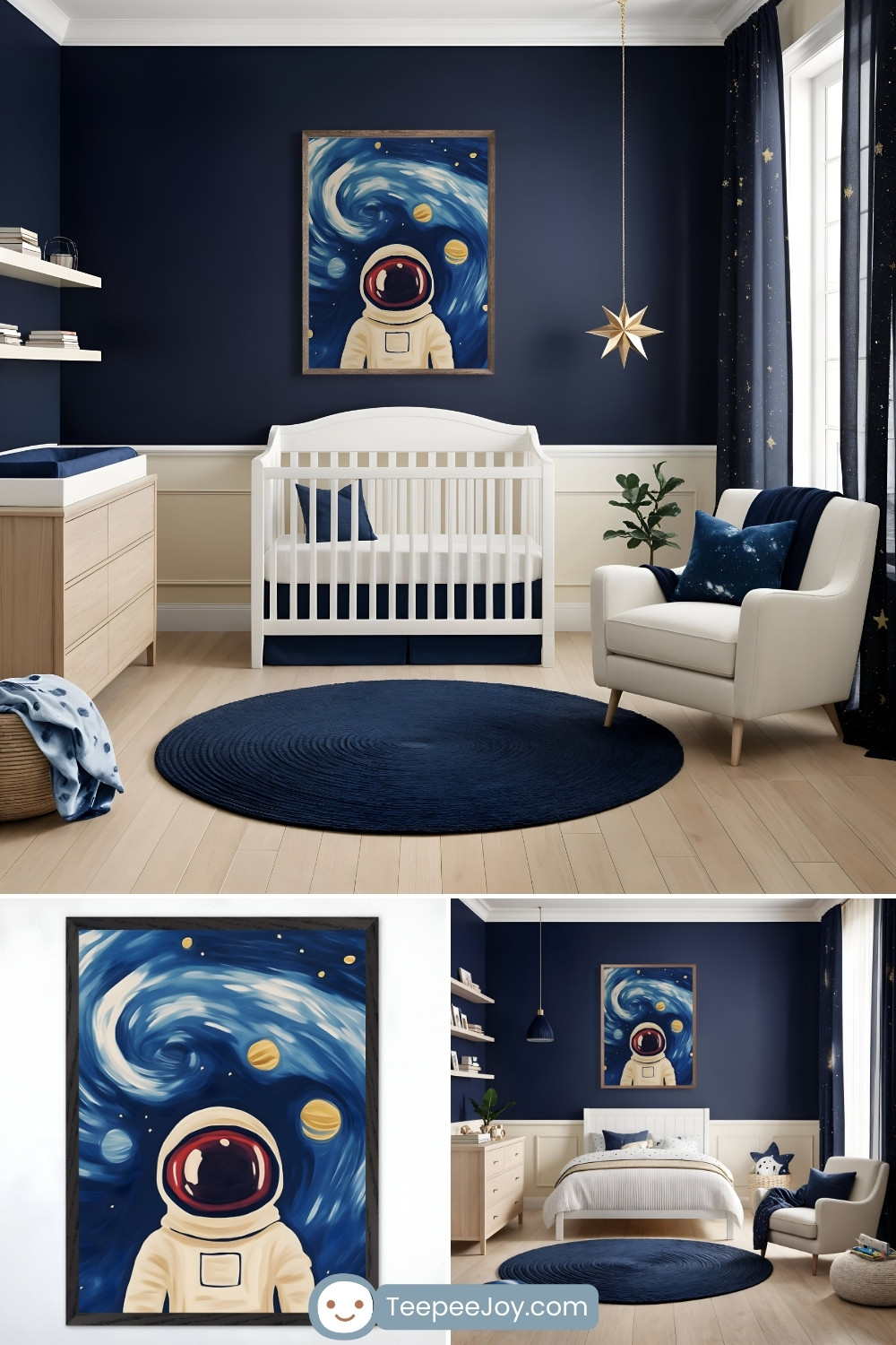 Sophisticated space-themed nursery and bedroom featuring a framed wall art print of an astronaut floating in front of a swirling galaxy with planets. The nursery has deep navy walls, a white crib with dark blue bedding, a matching round navy rug, and celestial-themed accents like star-patterned curtains and a gold star pendant light. The bedroom continues the cosmic theme with a white bed, space-inspired pillows, and elegant decor, creating a dreamy and adventurous atmosphere.