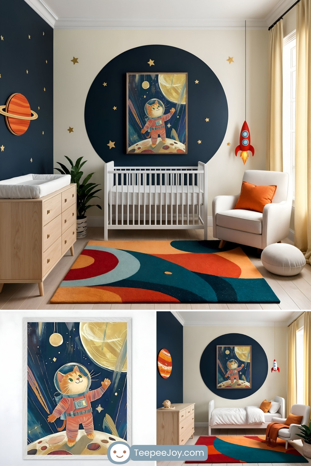 Playful space-themed nursery and bedroom featuring a framed wall art print of a cat astronaut standing on a cratered planet, gazing at the stars and golden planets in a cosmic sky. The nursery has a navy and cream accent wall with gold star decals, a white crib, and a colorful space-inspired rug with bold orange, teal, and red hues. The bedroom continues the theme with a matching bed, whimsical planet wall decor, and warm yellow curtains, creating a fun and imaginative space for a child.