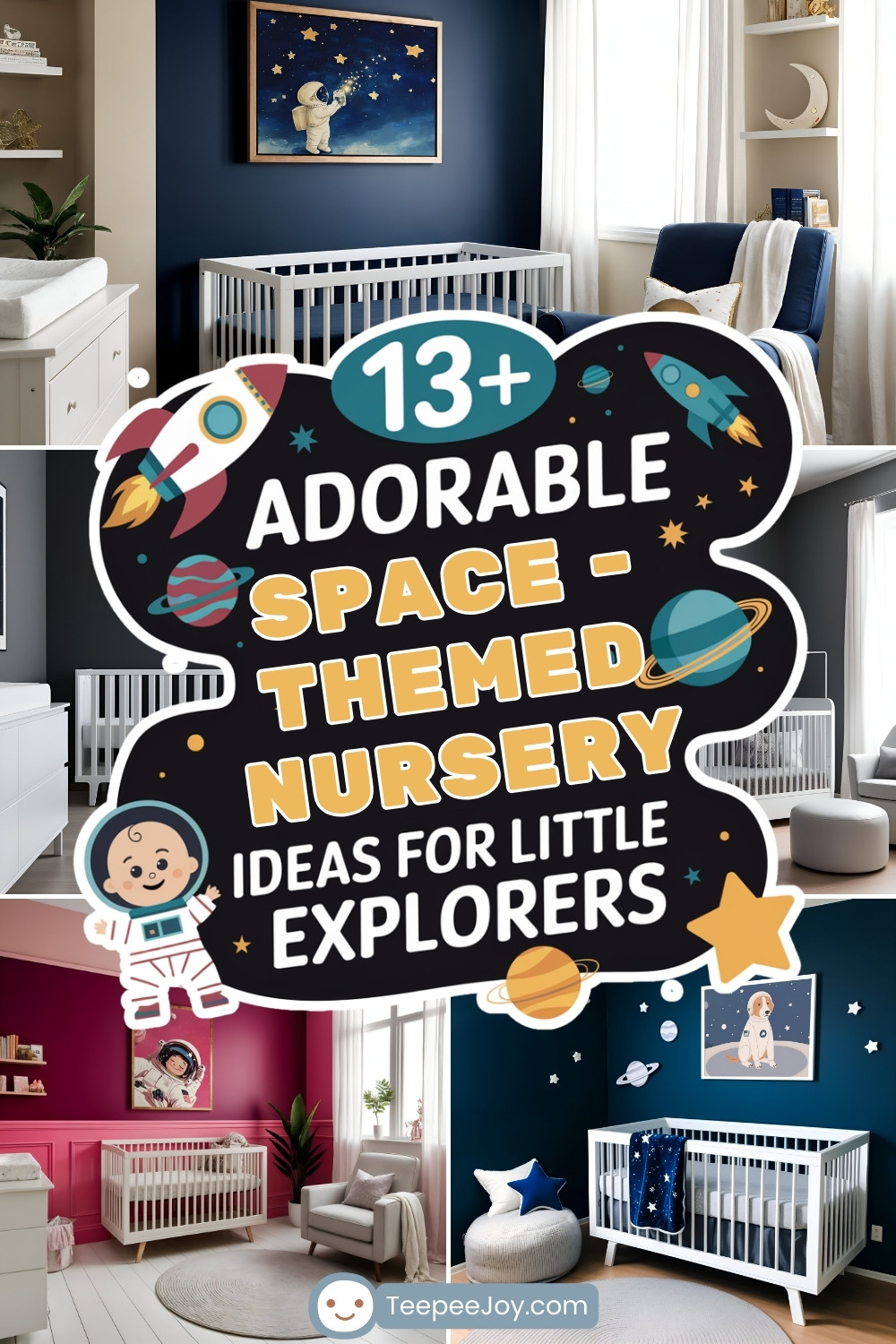 A collage of beautifully designed ocean-themed nursery rooms, each featuring coastal-inspired decor, soft pastel and blue hues, and marine elements like ocean animal artwork, wave-patterned rugs, and wooden cribs. The center of the image displays bold, colorful text reading '13+ Ocean-Themed Nursery Ideas to Make a Splash,' surrounded by playful sea illustrations of fish, shells, and seaweed. The bottom of the image includes the website name TeepeeJoy.com.