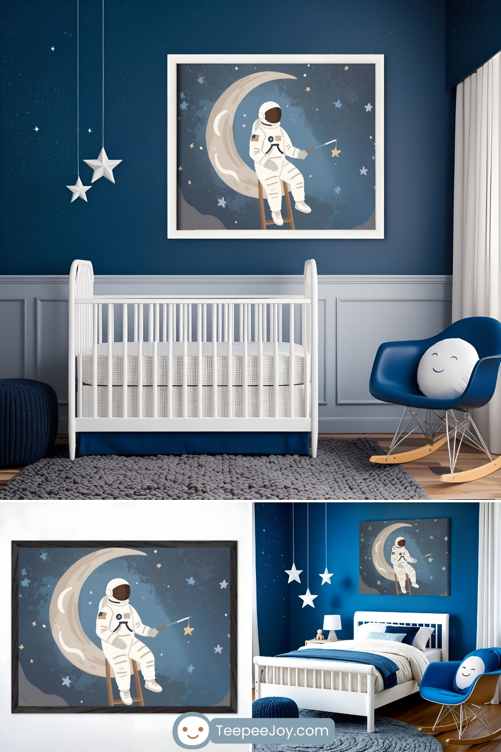 A space-themed nursery with deep blue walls and a white crib beneath a framed illustration of an astronaut sitting on a crescent moon while holding a wand with a dangling star. The nursery features elegant paneling, a soft gray rug, a navy blue ottoman, and a modern blue rocking chair with a smiling cloud-shaped pillow. Hanging star decorations add a whimsical touch. The bottom images provide a close-up of the astronaut artwork and a wider view of a matching space-themed bedroom with a coordinating bed and decor.