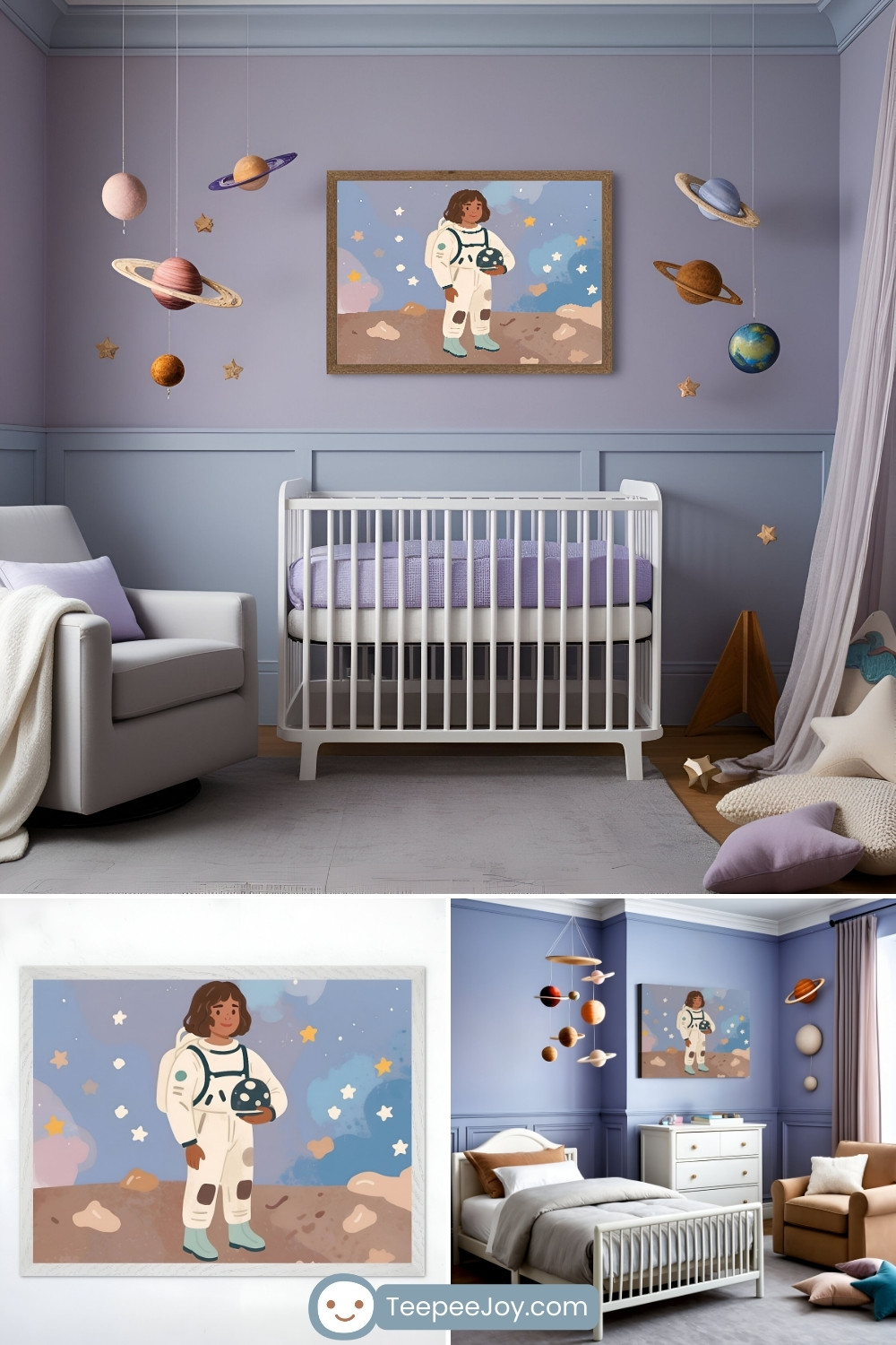 Celestial-inspired nursery with soft lavender walls, featuring a white crib beneath a framed illustration of a young astronaut standing on a rocky planet under a starry sky. The room is decorated with hanging plush planets, gold star accents, and cozy seating, including a white rocking chair and a collection of star-shaped pillows. A dreamy ambiance is enhanced by sheer drapery and warm, neutral furniture. The bottom images highlight a close-up of the astronaut artwork and a matching bedroom setup with coordinated space-themed decor.