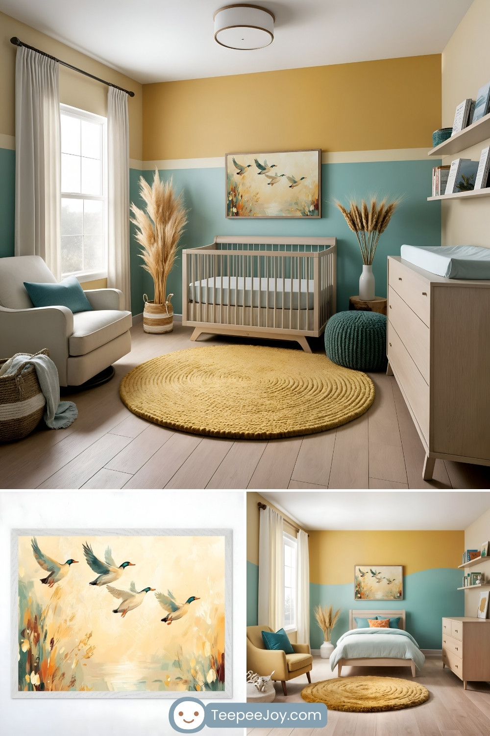 Peaceful, nature-inspired nursery with a teal and mustard yellow color palette, featuring a two-toned wall design. The room includes a natural wood crib, a round yellow braided rug, and pampas grass decor in vases. A framed artwork of flying ducks over a serene marsh adds a rustic touch. Complementary elements include a white armchair with a teal cushion, open shelving with books, and soft natural lighting. TeepeeJoy.com branding is visible at the bottom of the image.