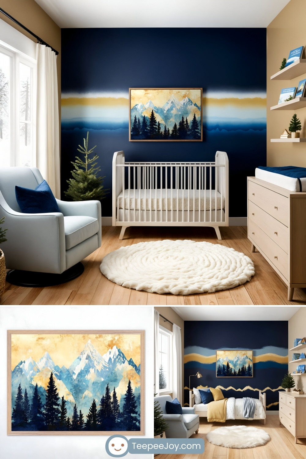 Mountain-themed nursery with a dramatic navy and gold ombré accent wall featuring a framed painting of snow-capped peaks and evergreen trees. The room includes a white crib, a fluffy round white rug, and light wood furniture. A pale blue armchair with a navy throw pillow and small pine trees as decor add to the outdoorsy theme. Natural light filters through white curtains, completing the serene and cozy atmosphere. TeepeeJoy.com branding is visible at the bottom of the image.