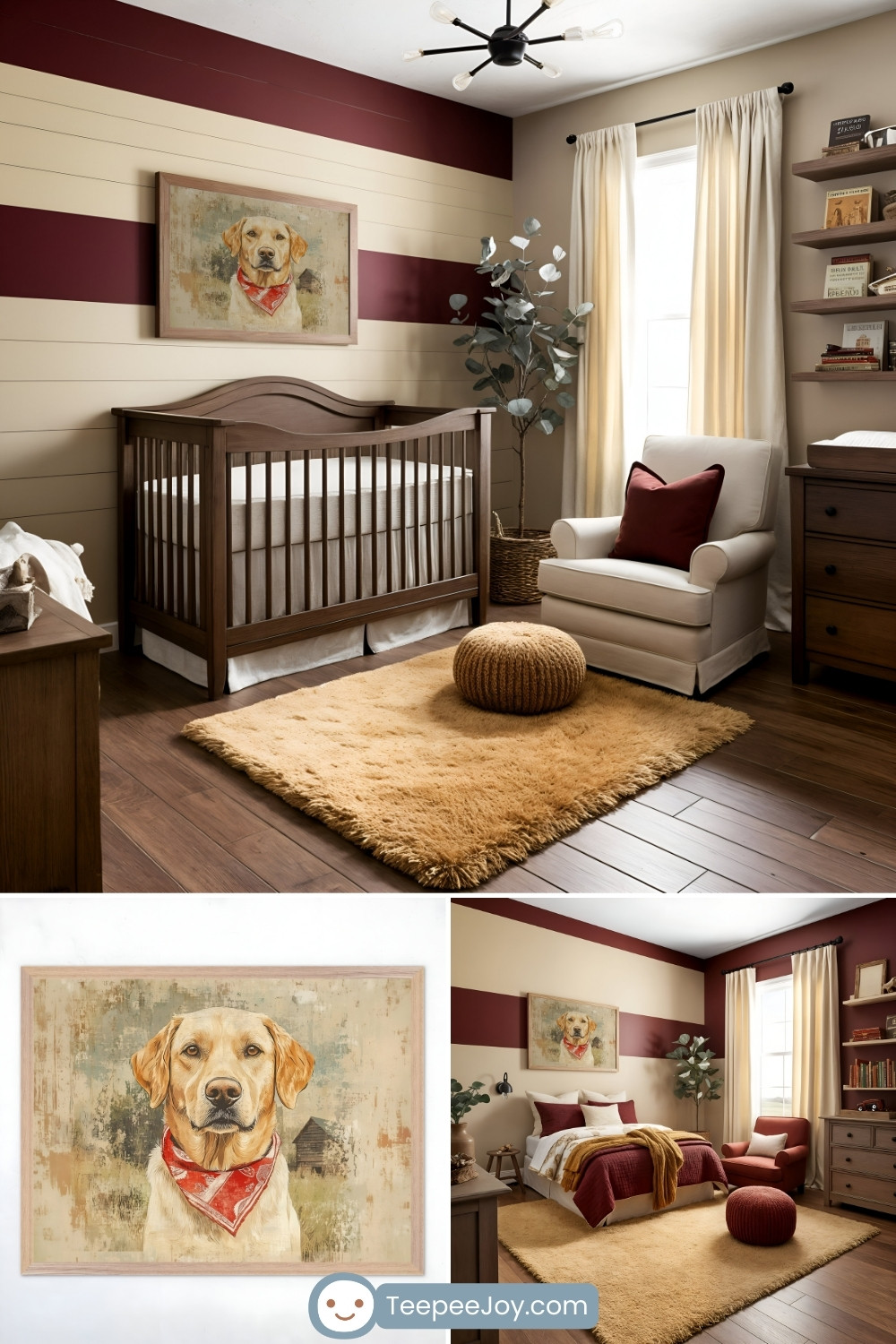 Warm and rustic nursery featuring a wood-paneled accent wall with cream and deep burgundy stripes. The room includes a dark wood crib, a mustard shag rug, and a cozy white armchair with a burgundy throw pillow. A framed portrait of a Labrador wearing a red bandana adds a charming, personal touch to the decor. Additional features include wood shelving, rich hardwood flooring, and soft natural lighting through cream curtains. TeepeeJoy.com branding is visible at the bottom of the image.