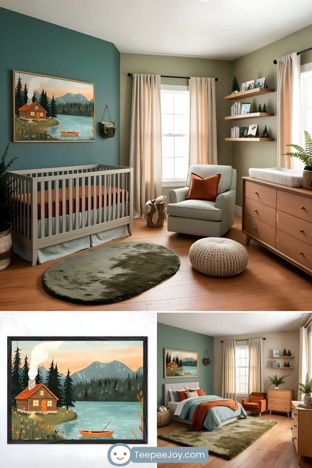 Serene cabin-themed nursery with soft green walls and warm wood tones. The room features a natural wood crib with a green oval rug underneath, an armchair with an orange throw pillow, and a wooden dresser. A framed painting of a cozy lakeside cabin surrounded by trees and mountains adds a tranquil outdoor vibe. Additional details include floating wood shelves with books and decor, cream curtains, and a knitted pouf. TeepeeJoy.com branding is visible at the bottom of the image.