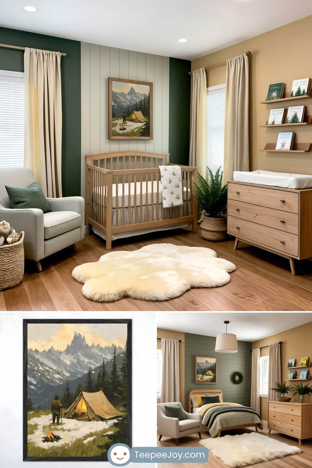 A cozy nursery and bedroom with a nature-inspired theme, featuring green and beige walls, a wooden crib, and a matching dresser with a changing station. A soft, cream-colored, cloud-shaped rug lies on the hardwood floor, complementing the room's natural tones. Decorative elements include a framed painting of a campsite in the mountains, shelves with books, and indoor plants that enhance the outdoorsy vibe.