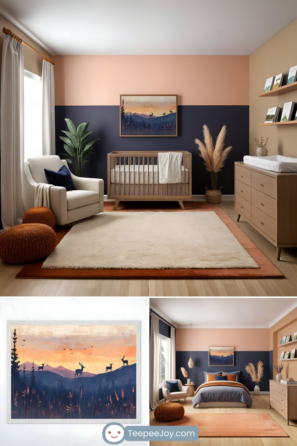 Stylish nursery and bedroom with a peach and navy blue color scheme, featuring a wooden crib and dresser with a changing station. The room is accented with a soft cream rug with a rust-orange border, cozy knit poufs, and pampas grass decor. A framed painting of deer silhouettes at sunset over rolling hills enhances the tranquil and nature-inspired aesthetic.