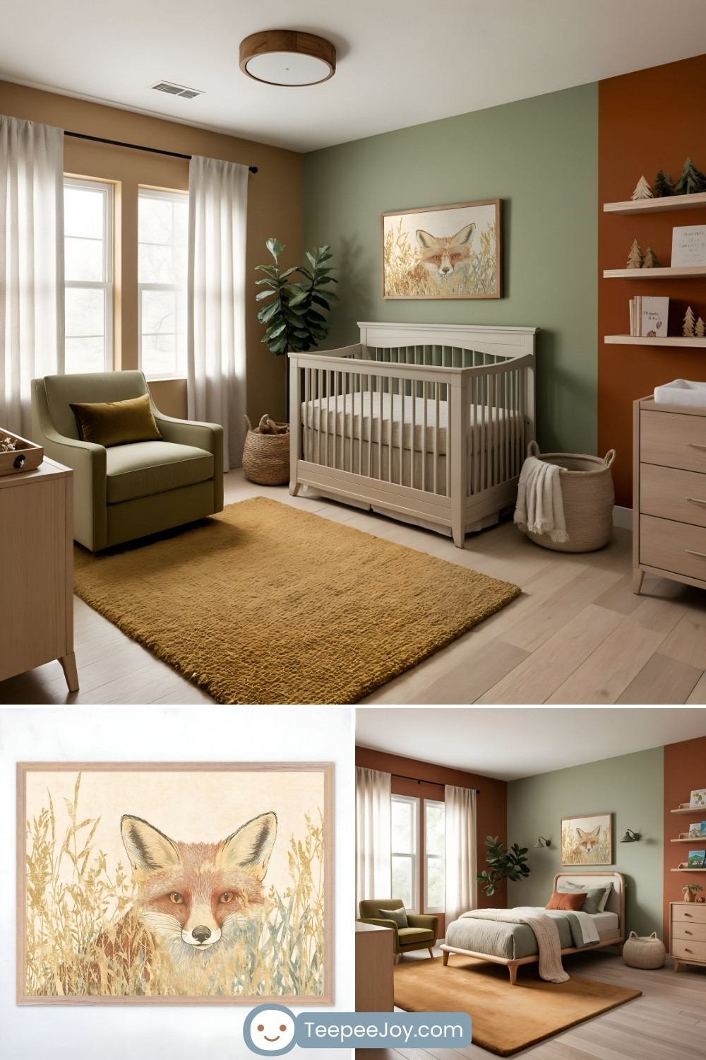 Cozy, vintage-inspired nursery with soft earthy tones, including green, beige, and terracotta. The room features a crib, an olive green armchair, and a mustard yellow rug, complemented by natural wood furniture and decor. A framed fox illustration hangs on the wall, adding a whimsical, nature-inspired touch. TeepeeJoy.com branding is visible at the bottom of the image.