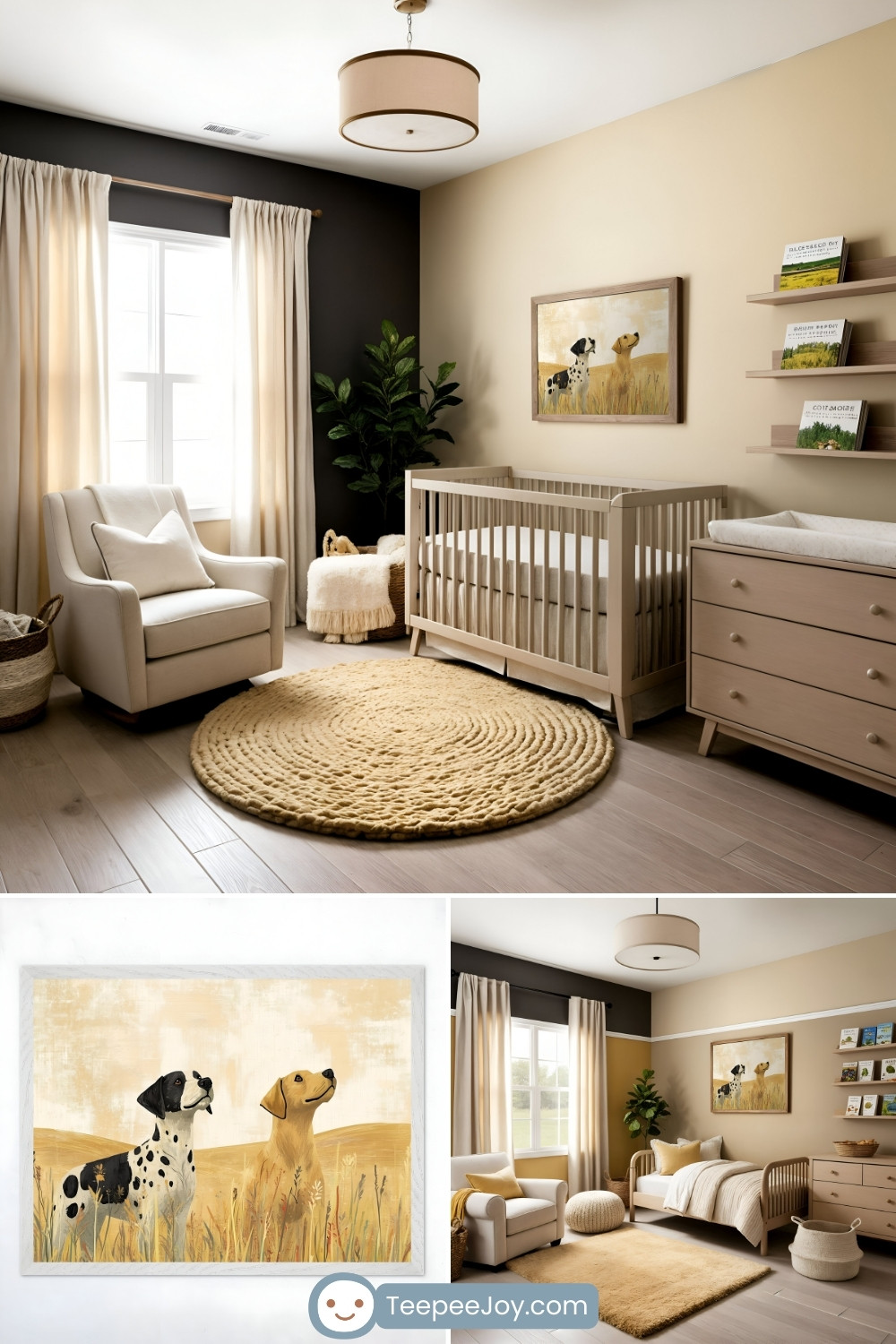 Warm and inviting nursery and bedroom with beige and black accent walls, featuring a wooden crib, dresser, and a cozy armchair with a throw pillow. A round, braided jute rug and light wood flooring enhance the natural aesthetic. The room is decorated with a framed painting of two dogs in a golden field, shelves with books, and a tall leafy plant, creating a rustic, outdoorsy charm.