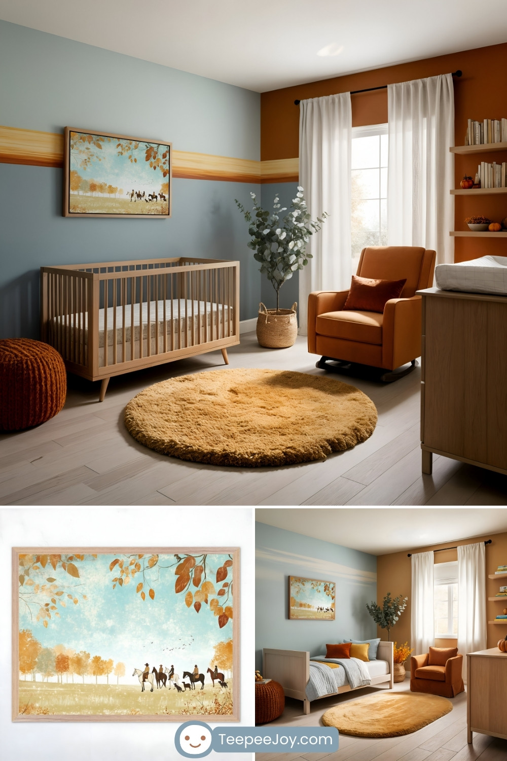 Cozy nursery and bedroom with a soft blue and warm orange color palette, featuring a wooden crib and matching dresser. The room includes an orange armchair, a round shaggy mustard rug, and bookshelves with small decorative accents. A framed painting above the crib depicts a group of riders on horseback in an autumn landscape with golden leaves and a light blue sky, adding a rustic and tranquil touch.