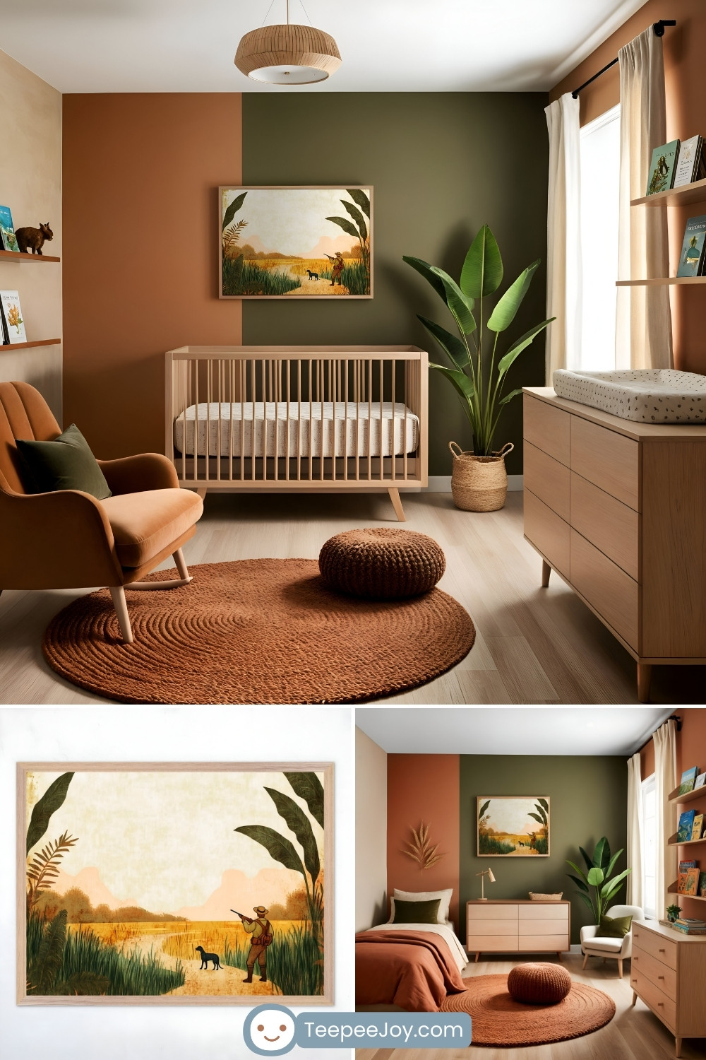 Cozy, nature-inspired nursery and children's room featuring earthy tones of rust orange and olive green. The nursery includes a wooden crib, a matching dresser with a changing pad, a rattan ottoman, and a large potted plant. A vintage-style painting of a hunter and dog in a golden field hangs on the wall, complementing the warm, rustic decor. Natural light filters through cream curtains, and a woven pendant lamp adds a soft touch.