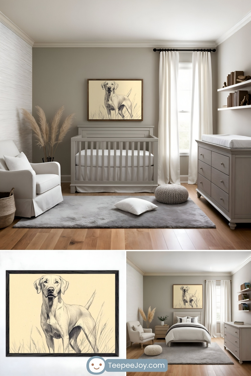 Serene, minimalist nursery and children's room with a soft neutral color palette of gray and cream. The room features a gray crib, a matching dresser with a changing pad, and a white armchair near a vase of pampas grass. A detailed sketch of a hunting dog in tall grass is framed above the crib, adding a rustic touch. The space is accented by natural light streaming through white curtains, with a cozy rug and knit pouf on the wooden floor.