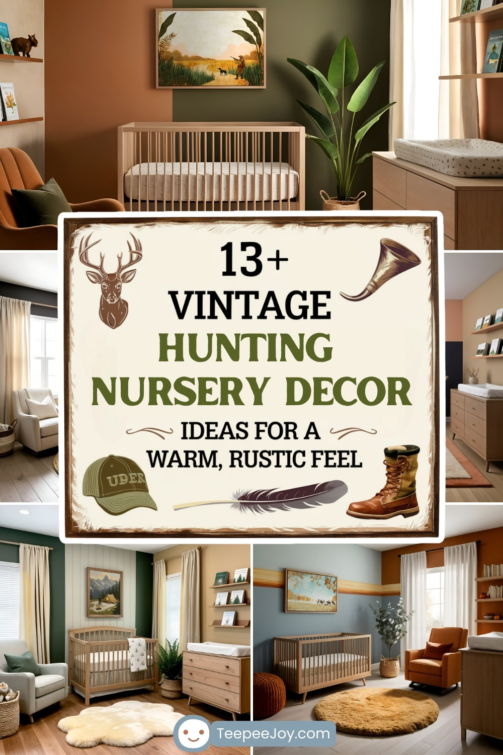 Collage of vintage hunting-themed nursery designs with a rustic and warm aesthetic. The centerpiece features a decorative sign that reads '13+ Vintage Hunting Nursery Decor Ideas for a Warm, Rustic Feel' surrounded by illustrations of a deer, a hunting horn, a feather, a cap, and a boot. Each nursery design highlights earthy tones, wooden furniture, hunting-inspired artwork, and cozy decor elements like animal motifs, plants, and neutral textiles.
