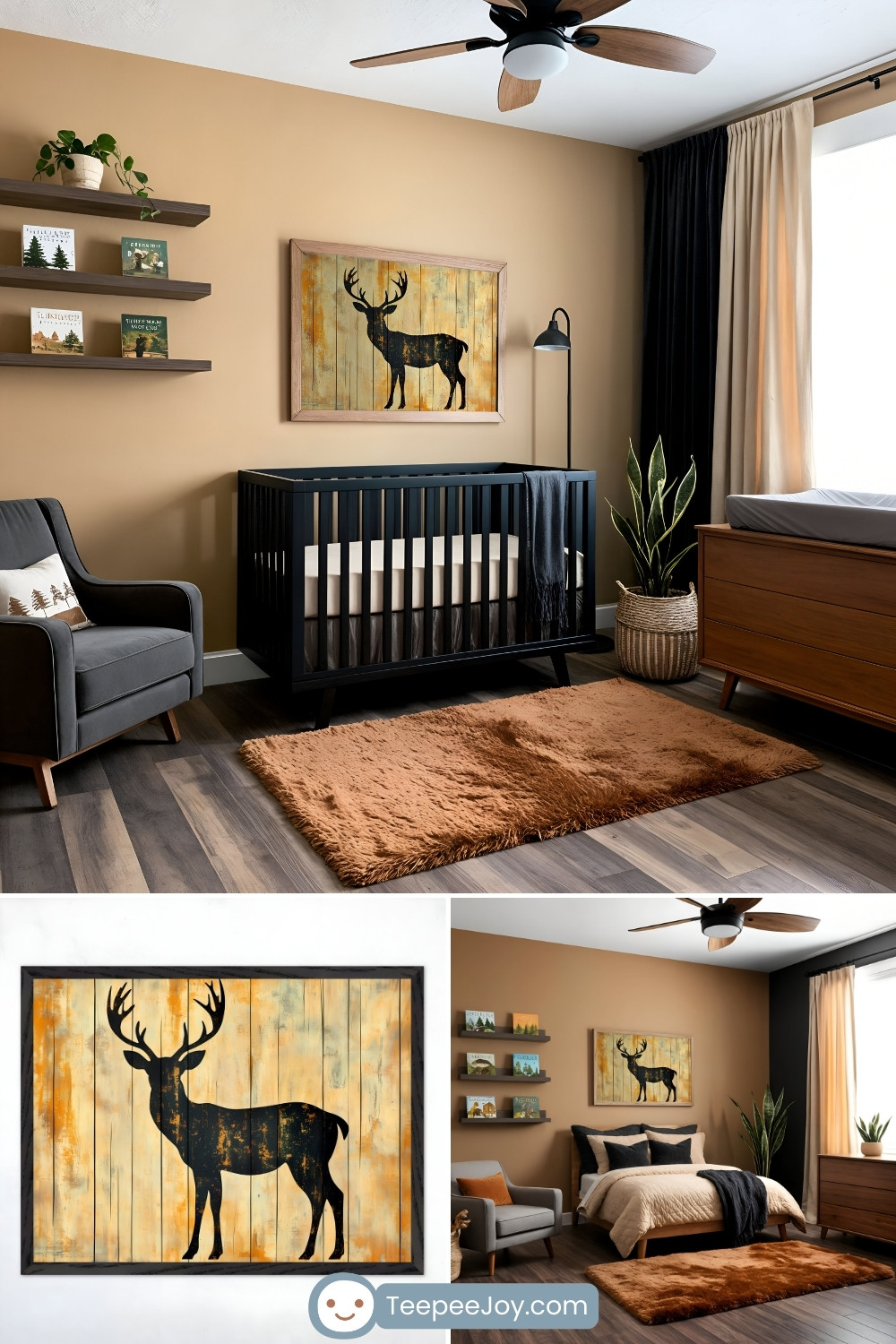 Rustic and modern nursery featuring warm tan walls, a black crib, and a cozy shaggy brown rug on dark wood flooring. Decor includes a framed silhouette of a deer on distressed wood, open shelving with nature-themed books, and a potted plant. The design is complemented by a gray armchair with a tree-patterned pillow, and TeepeeJoy.com branding is visible at the bottom of the image.