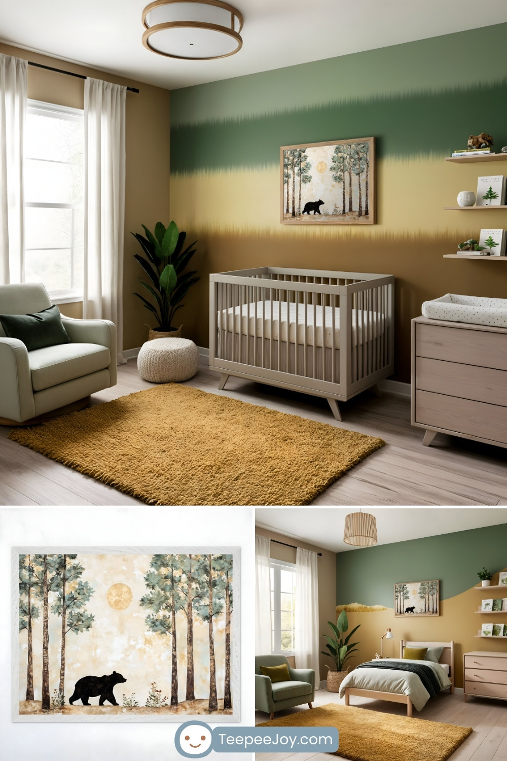 Serene woodland-themed nursery with an ombré accent wall transitioning from green to golden tones. The room includes a neutral-toned crib, a mustard yellow shag rug, and an olive green armchair with a dark green pillow. A framed art piece featuring a black bear in a forest under a golden moon adds a whimsical nature touch. Wooden shelves with books and decor, along with a potted plant, complete the cozy aesthetic. TeepeeJoy.com branding is visible at the bottom of the image.