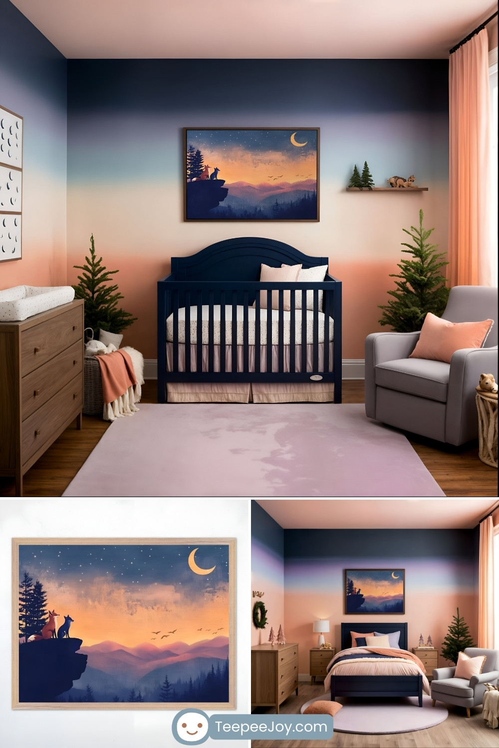 Dreamy, mountain-themed nursery with a sunset-inspired gradient mural blending deep navy, warm peach, and soft pink tones. A navy blue crib sits against the mural, with a framed painting above it depicting two foxes on a cliff under a starry sky and crescent moon. The room features a soft pink rug, a cozy gray rocking chair with peach-toned pillows, and small potted pine trees, creating a whimsical woodland atmosphere.