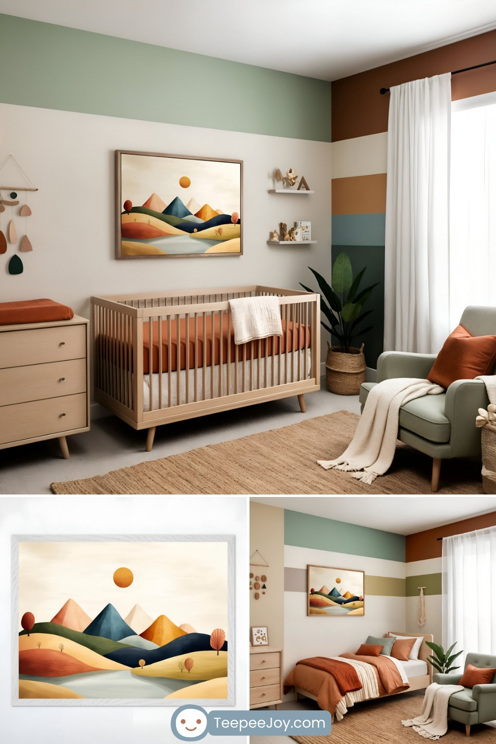 Warm, earth-toned nursery with a nature-inspired aesthetic. A light wood crib with a burnt orange fitted sheet sits against a wall with soft green, cream, and brown color blocks. Above the crib, a framed abstract mountain landscape painting in warm hues of orange, yellow, and navy adds a playful yet calming touch. The room is decorated with a sage green armchair, woven rugs, wooden furniture, and natural textures, creating a cozy and inviting atmosphere.