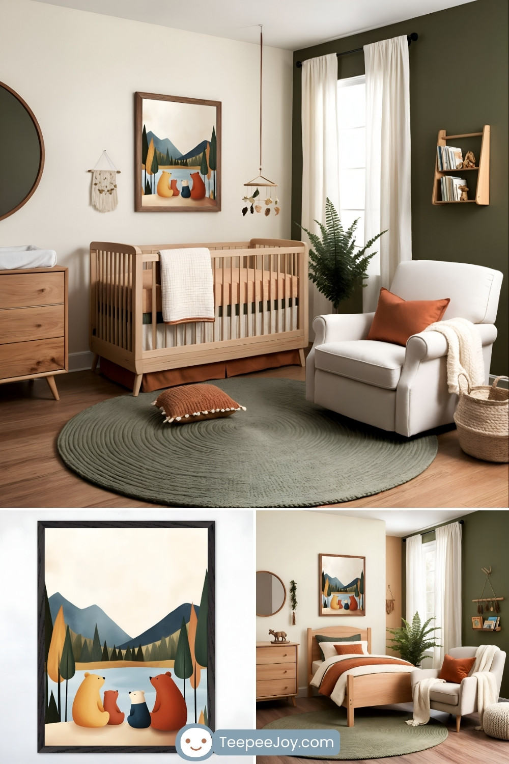 A cozy, nature-inspired nursery featuring a light wood crib with earthy-toned bedding against a two-toned green and cream wall. Above the crib hangs a framed painting of three bears sitting by a lake with mountains and trees in the background. A soft sage green circular rug, a white rocking chair with a rust-colored pillow, and natural wood furniture complete the space, creating a warm and inviting woodland theme.