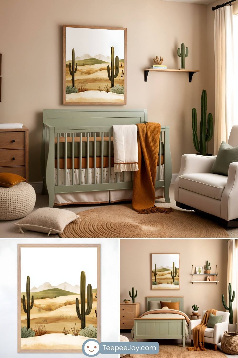 Desert-themed nursery featuring a sage green crib with warm-toned bedding against soft beige walls. Above the crib, a framed cactus landscape painting complements the southwestern aesthetic, with additional cactus decorations on a floating shelf and in the corner of the room. The space is styled with natural textures, including a woven jute rug, a white rocking chair with rust and sage throw pillows, and wooden furniture, creating a cozy, earthy atmosphere.