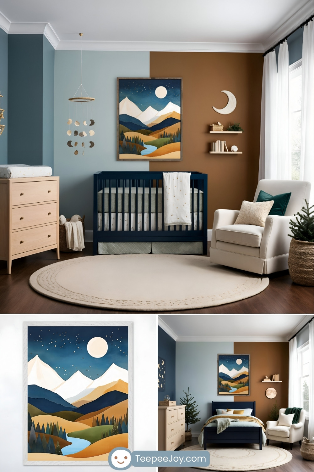 Moonlit, mountain-themed nursery with a navy blue crib against a two-tone wall, split between muted blue and warm brown. Above the crib hangs a framed painting of snow-capped mountains, rolling hills, and a winding river under a full moon. The room is styled with a celestial mobile, a cozy white rocking chair with deep green and cream pillows, and a soft circular rug, creating a serene and adventurous atmosphere.