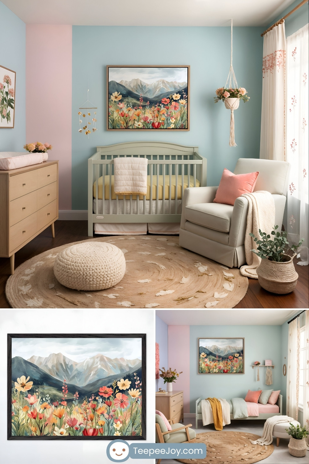 Beautifully designed nursery featuring soft pastel tones with a mountain and wildflower theme. The main section showcases a crib with a light sage green finish against a two-toned blue and pink wall, with a large framed painting of a mountain landscape and vibrant wildflowers hanging above. A cozy beige armchair with a pink pillow and cream throw sits beside a hanging macramé plant, while a wooden dresser and a round knitted pouf complete the warm, nature-inspired decor. The bottom portion highlights the artwork and an alternate nursery setup with a daybed, incorporating the same mountain theme. The image includes the 'TeepeeJoy.com' logo at the bottom center.
