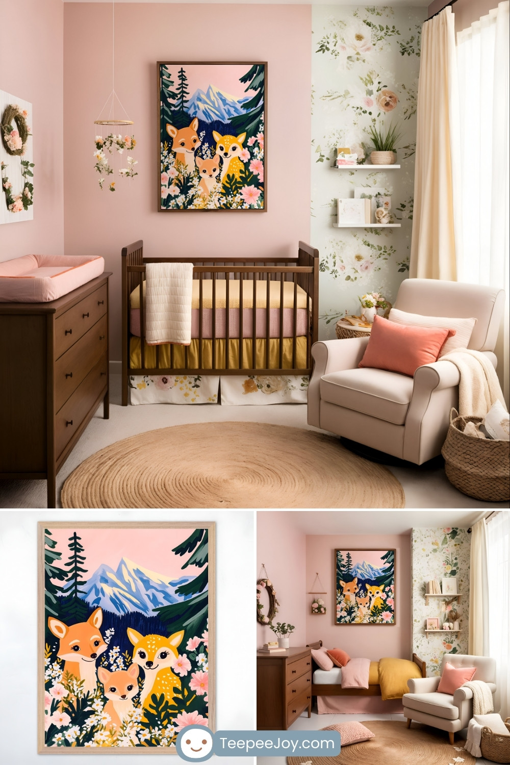Nursery with a woodland and mountain theme, decorated in soft pink and earthy tones. The main section showcases a dark wood crib against a pastel pink wall, with a large framed painting of three illustrated deer in a floral meadow with mountains in the background. A cream-colored armchair with a pink pillow and knitted throw sits near a window with flowing curtains, accompanied by floral wallpaper and floating shelves with decorative items. The bottom portion highlights the artwork close-up and an alternate nursery setup featuring a daybed, keeping the same warm and whimsical aesthetic. The image includes the 'TeepeeJoy.com' logo at the bottom center.