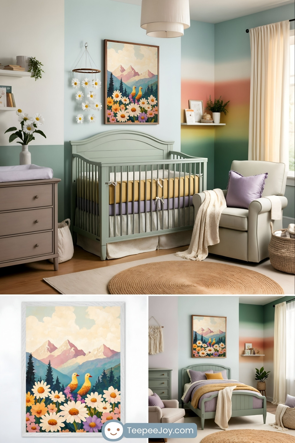 Serene nursery with a mountain and wildflower theme, featuring soft green, blue, and earthy tones. The main section showcases a sage green crib against a two-toned pastel blue wall with a gradient sunset mural, complemented by a framed painting of two yellow birds perched among daisies with mountains in the background. A cream armchair with a lavender pillow sits beside a window with flowing curtains, while a natural woven rug and wooden dresser add warmth. The bottom section highlights a close-up of the artwork and an alternate nursery setup with a bed, maintaining the same cozy, nature-inspired aesthetic. The image includes the 'TeepeeJoy.com' logo at the bottom center.