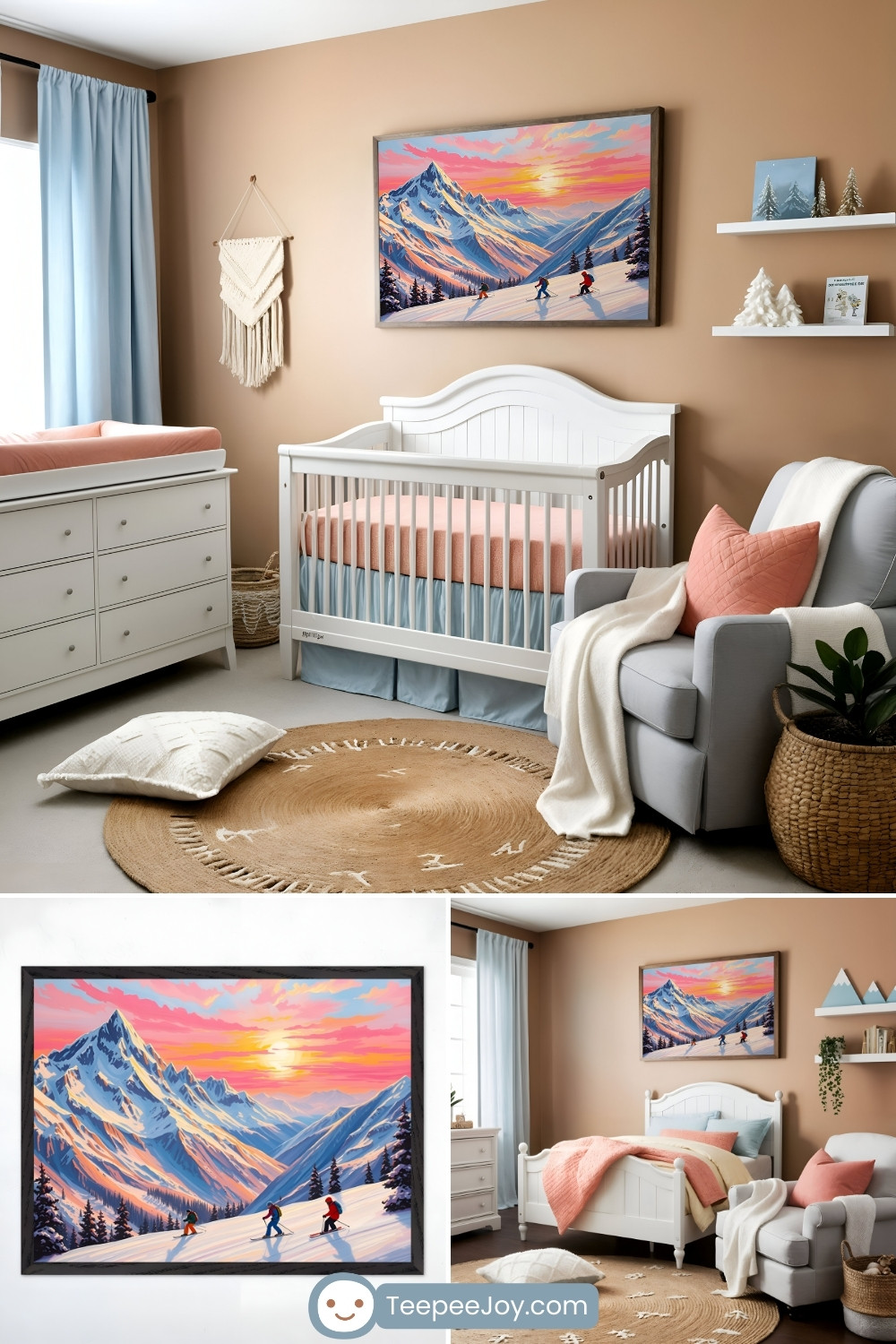 Mountain-themed nursery with warm earth tones and soft blue accents. The main section features a white crib against a beige wall, adorned with a framed painting of a vibrant snow-covered mountain landscape with skiers gliding down the slopes under a colorful sunset sky. A plush armchair with a coral pillow and cream throw sits beside a woven basket planter, while a wooden dresser and floating shelves with winter-inspired decorations complete the space. The bottom portion highlights a close-up of the artwork and an alternate nursery setup with a bed, maintaining the same serene and adventurous aesthetic. The image includes the 'TeepeeJoy.com' logo at the bottom center.