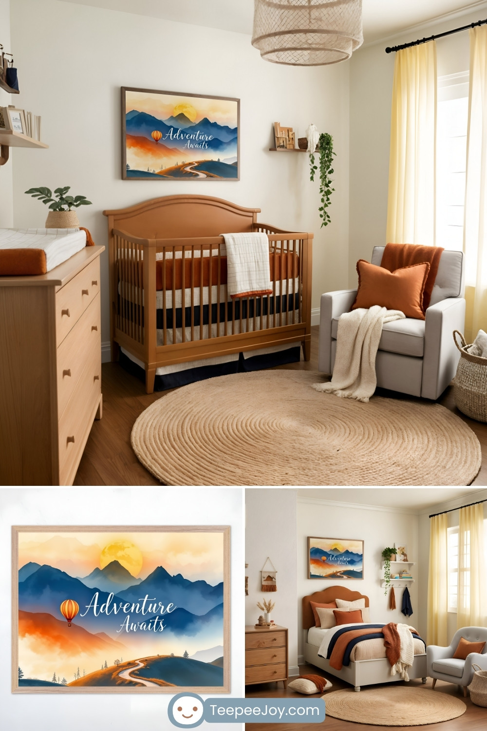Warm and inviting adventure-themed nursery featuring earthy tones and natural textures. The main section showcases a wooden crib against a cream-colored wall, with a framed painting of a scenic mountain landscape at sunrise, a winding road, and a hot air balloon, along with the words 'Adventure Awaits.' A cozy armchair with burnt orange and cream accents sits beside a woven basket planter, while soft yellow curtains filter natural light. The bottom portion highlights a close-up of the artwork and an alternate nursery setup with a bed, continuing the same adventurous and rustic aesthetic. The image includes the 'TeepeeJoy.com' logo at the bottom center.