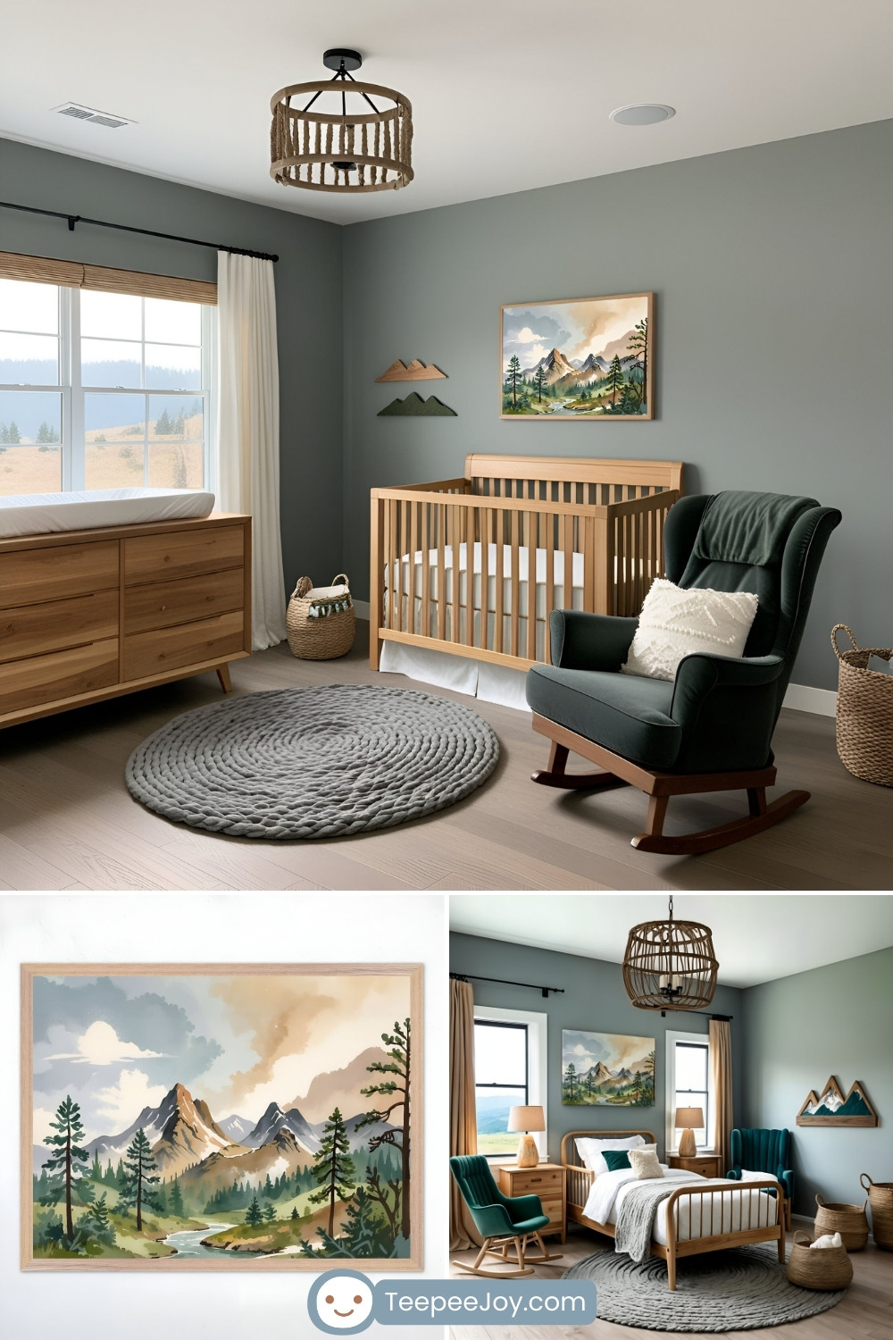 Cozy, mountain-themed nursery with earthy tones and natural wood furniture. A wooden crib and matching dresser are set against sage green walls, complemented by a dark green rocking chair with a textured pillow. A framed mountain landscape painting hangs above the crib, with wooden mountain wall decor nearby. The room is accented with woven baskets, a soft gray circular rug, and a rustic rope-wrapped ceiling light, creating a serene, nature-inspired atmosphere.