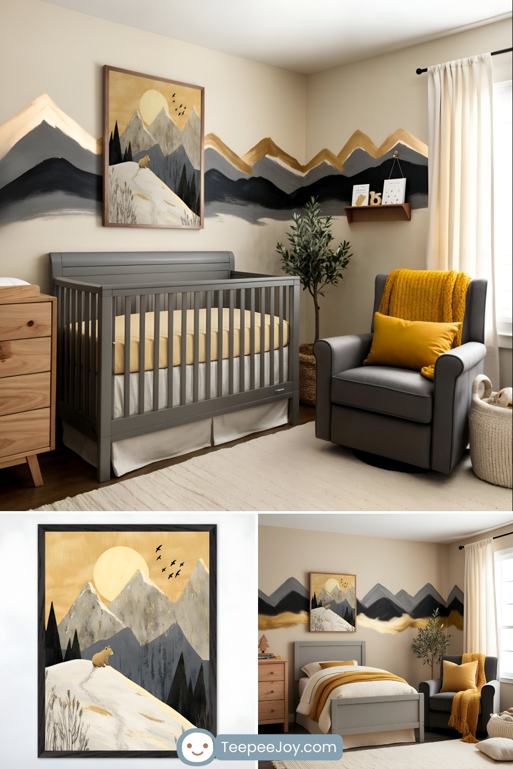 Modern mountain-themed nursery with warm golden and gray tones. A dark gray crib with a mustard-yellow fitted sheet sits against a hand-painted mountain mural in shades of gold, black, and gray. Above the crib, a framed painting of a bear on a snowy mountain under a golden sun adds a nature-inspired touch. A cozy gray rocking chair with mustard-colored pillows and a knit throw is placed nearby, next to a woven basket and a potted plant, creating a warm and inviting atmosphere.