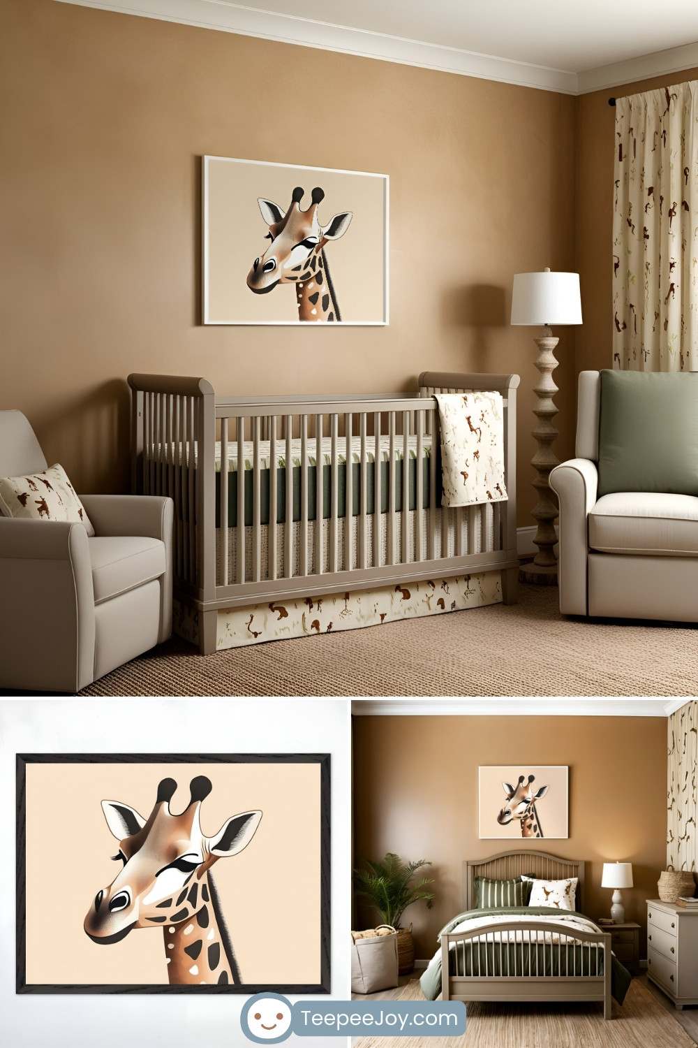A safari-themed nursery in warm neutral tones features a taupe-colored crib against a beige wall. Above the crib hangs a minimalist, stylized illustration of a giraffe with soft shading and expressive eyes on a light tan background. The room is decorated with an animal-print crib skirt, green and beige bedding, a cozy armchair, a sculpted wooden lamp, and safari-themed curtains. Below the main image, two smaller images display a close-up of the giraffe artwork in a black frame and a wider view of the room with a matching bed. The website 'TeepeeJoy.com' is visible at the bottom.