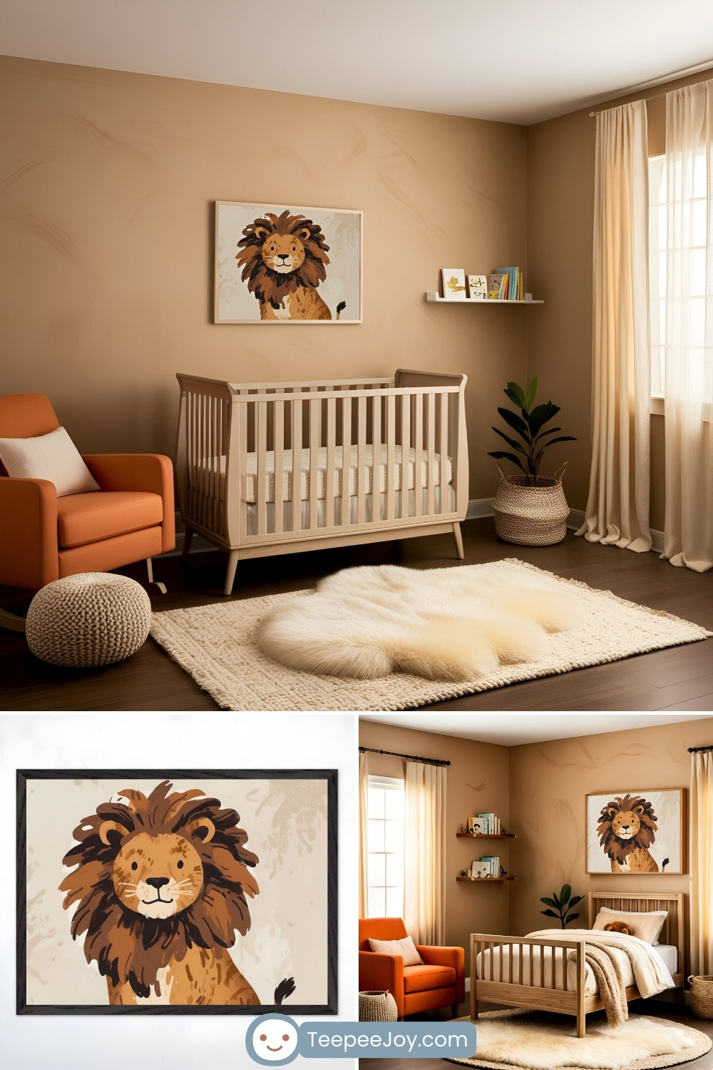 Cozy safari-themed nursery with warm earth tones features a beige crib against a soft tan wall. Above the crib hangs a playful, illustrated lion portrait with a fluffy mane in rich brown hues. The room is styled with an orange accent chair, a cream knit pouf, a fluffy white rug, and a floating shelf with children’s books. Natural light filters through sheer beige curtains, complementing the neutral and inviting atmosphere. Below the main image, two smaller images display a close-up of the lion artwork in a black frame and a wider view of the room with a matching bed. The website 'TeepeeJoy.com' is visible at the bottom.