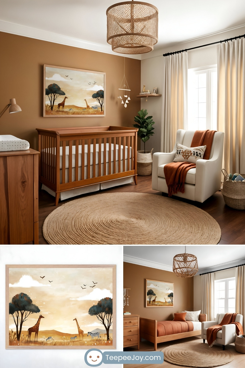 A safari-inspired nursery with warm, earthy tones features a rich wood crib against a caramel-colored accent wall. Above the crib hangs a serene landscape painting of giraffes and zebras in a golden savanna, with trees, birds, and rolling hills in the background. The room is styled with a woven rattan pendant light, a cozy white armchair with an orange throw blanket, a round jute rug, and natural wood furniture. Beige curtains frame a bright window, adding to the inviting and organic aesthetic. Below the main image, two smaller images show a close-up of the savanna artwork in a wooden frame and a wider view of the room with a matching bed. The website 'TeepeeJoy.com' is visible at the bottom.
