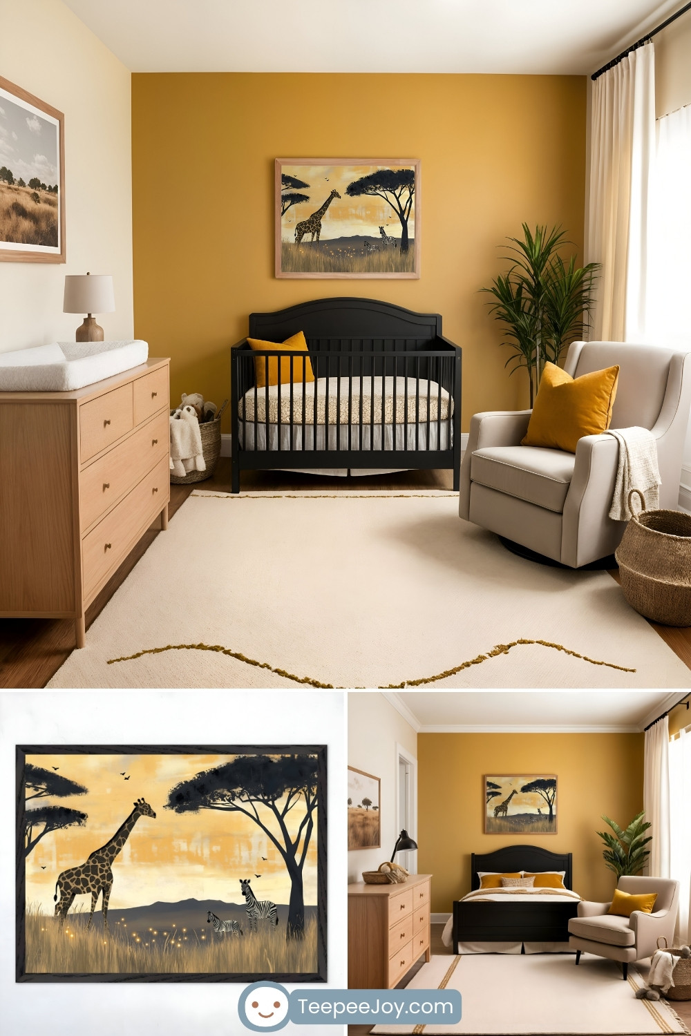 Safari-themed nursery with a golden yellow accent wall features a sleek black crib as the focal point. Above the crib hangs a sunset-hued painting of a giraffe and zebras under acacia trees, with silhouettes against a warm sky. The room is styled with a cozy white armchair, mustard yellow pillows, a soft cream rug with subtle patterns, a light wood dresser, and woven storage baskets. Large windows with sheer beige curtains allow natural light to brighten the space. Below the main image, two smaller images showcase a close-up of the giraffe artwork in a black frame and a wider view of the room with a matching black bed. The website 'TeepeeJoy.com' is visible at the bottom.
